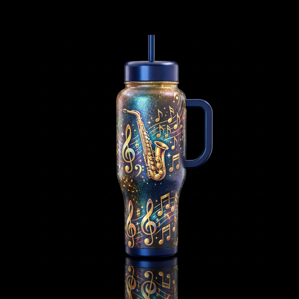 Saxophone music notes, music, shimmer water bottle design