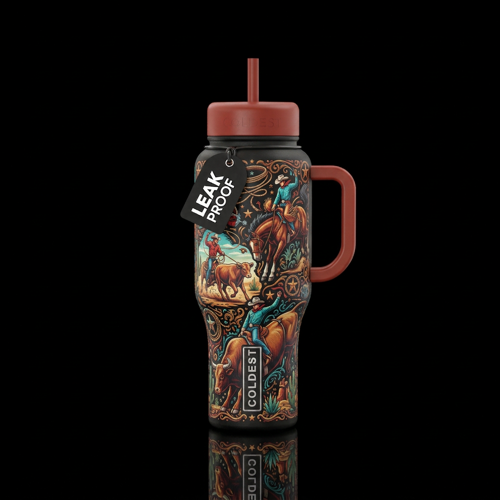 Rodeo calf roping bucking bronco bull rider water bottle design