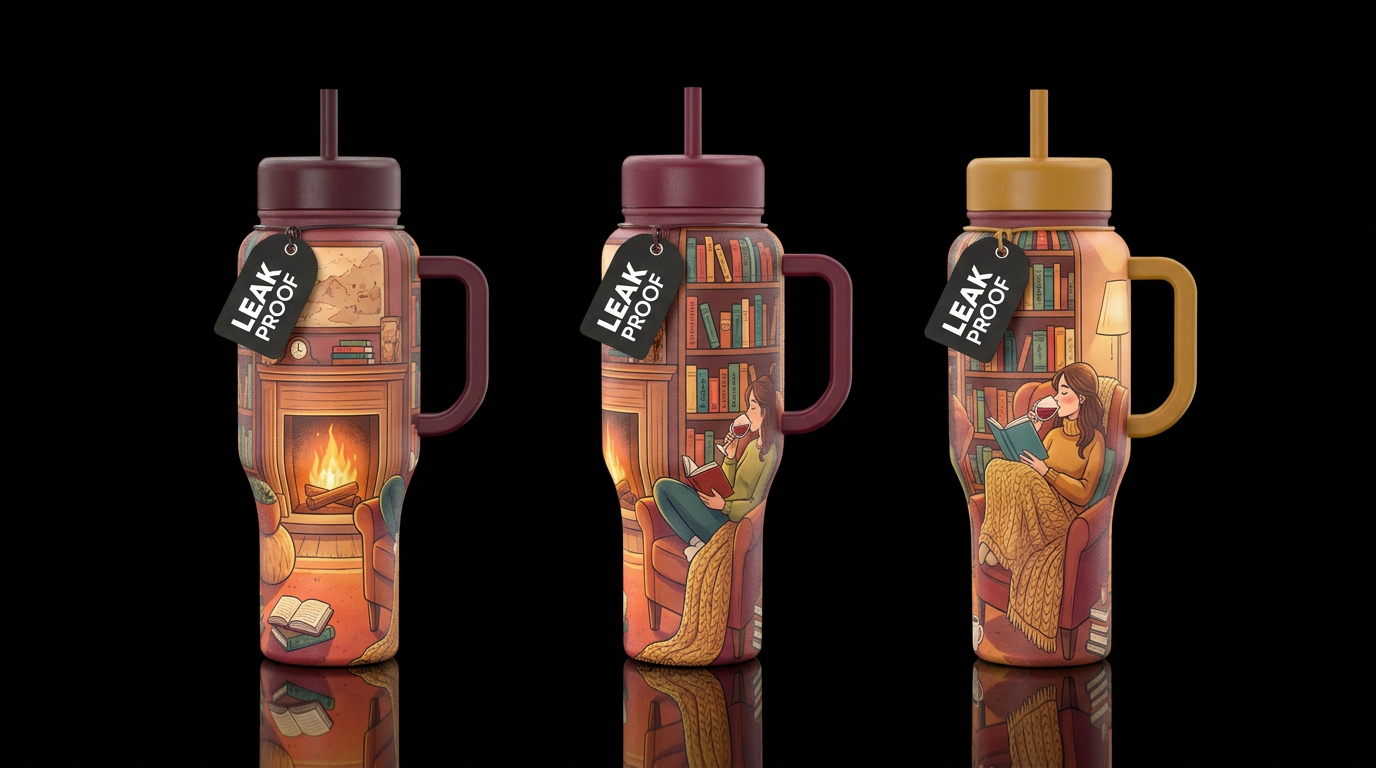 Curled up reading in a cozy reading nook next to a... water bottle design