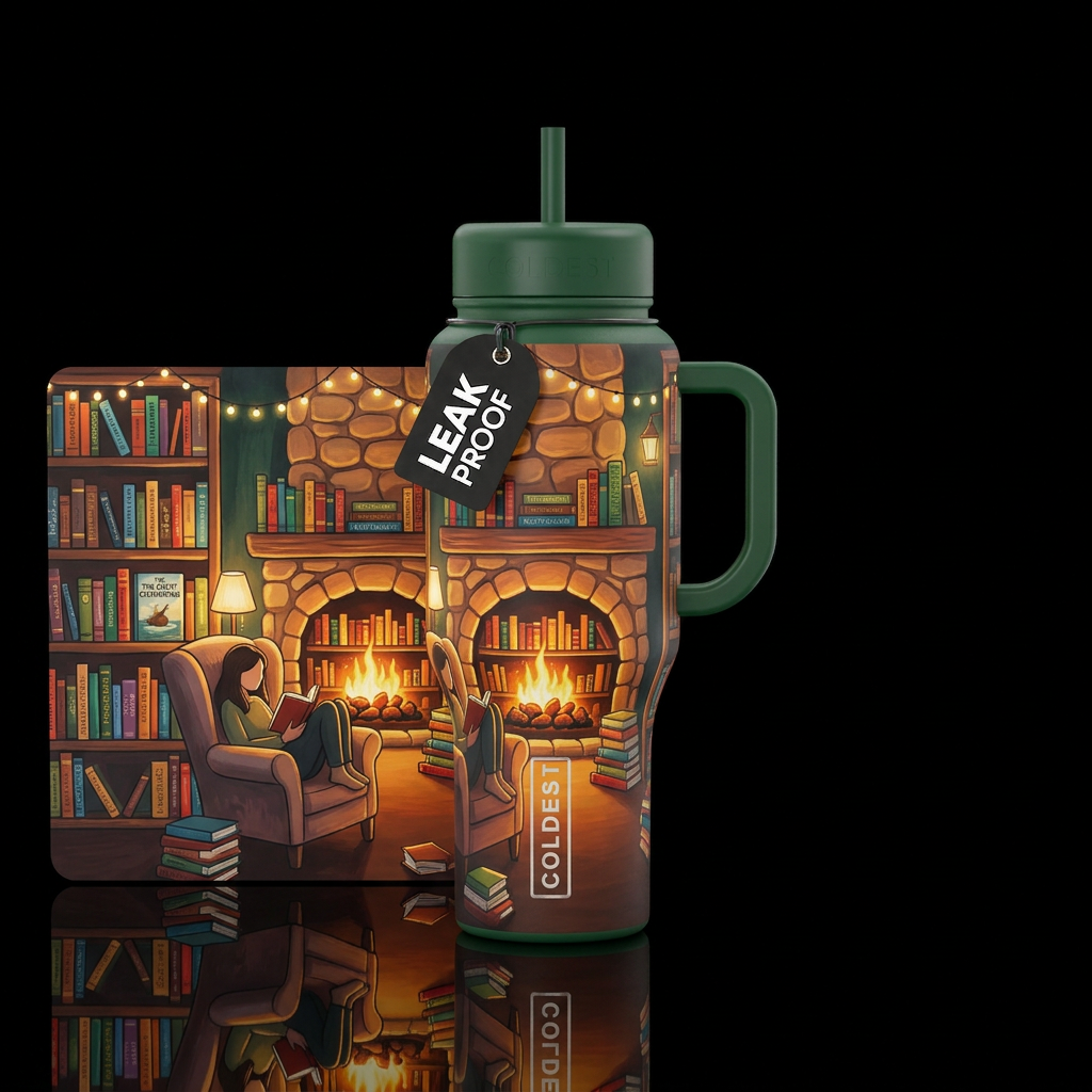 Curled up reading in a cozy reading nook next to a... water bottle design
