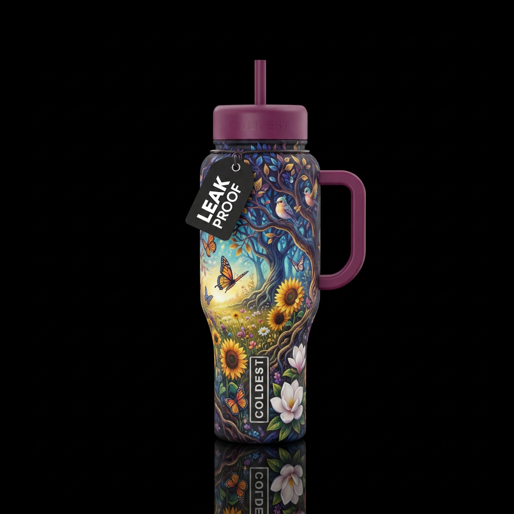 magical, trees, rustic, butterfly, field of wildfl... water bottle design