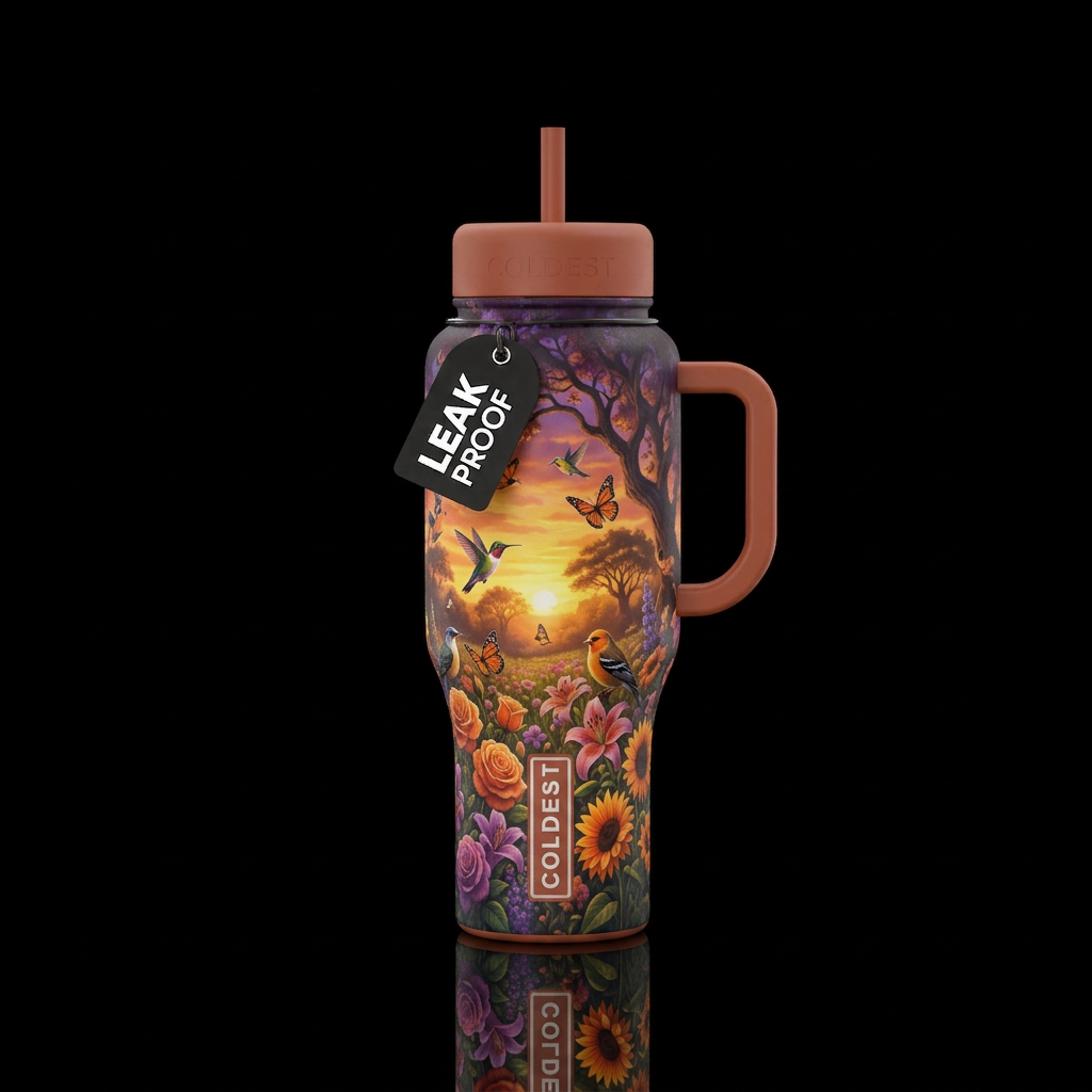 Field of flowers, birds, butterflies, trees, sunse... water bottle design