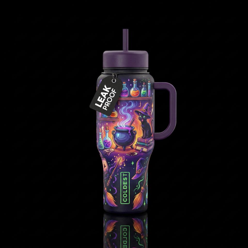 Witchcraft, potions, cauldrons, brooms, wizard hat... water bottle design
