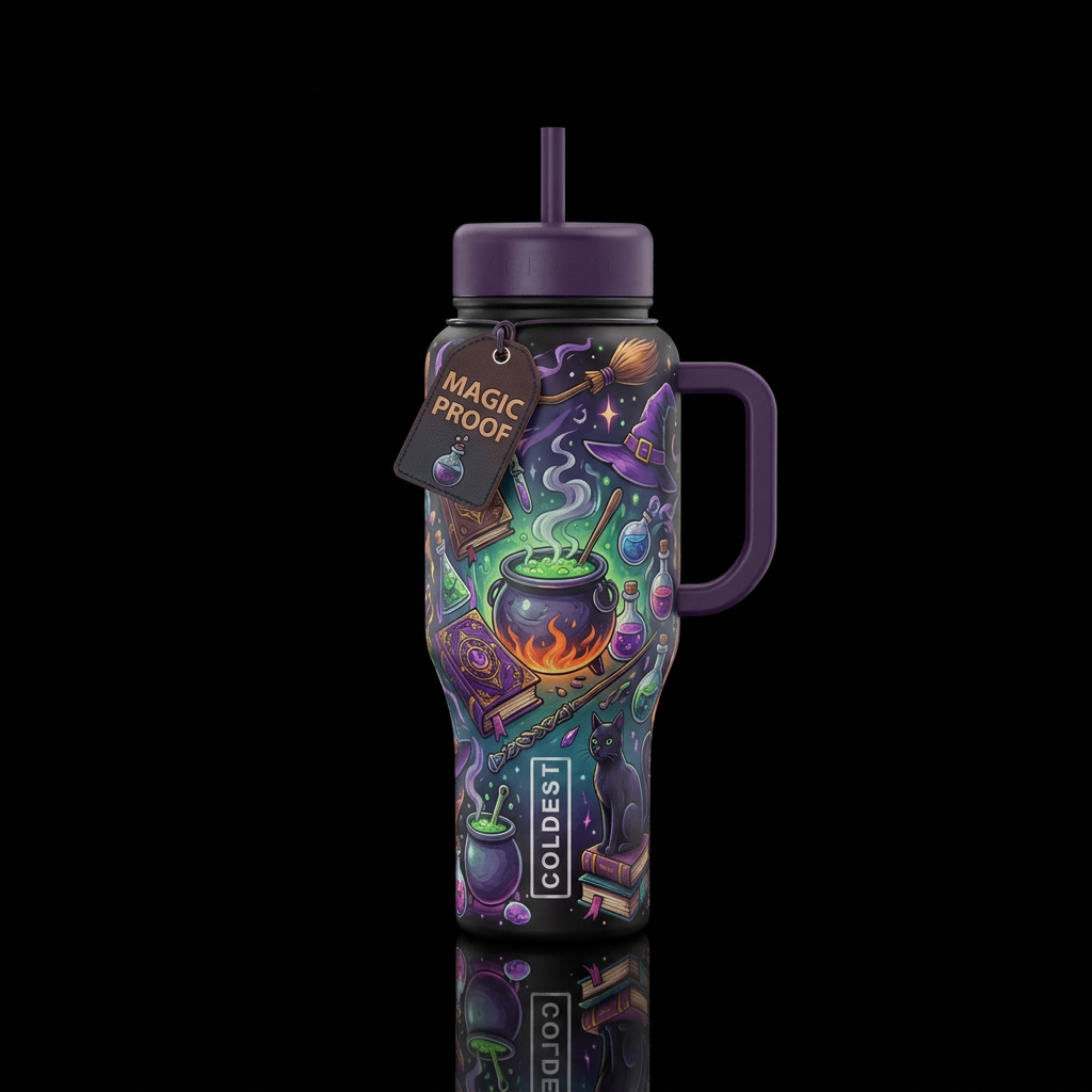 Witchcraft, potions, cauldrons, brooms, wizard hat... water bottle design