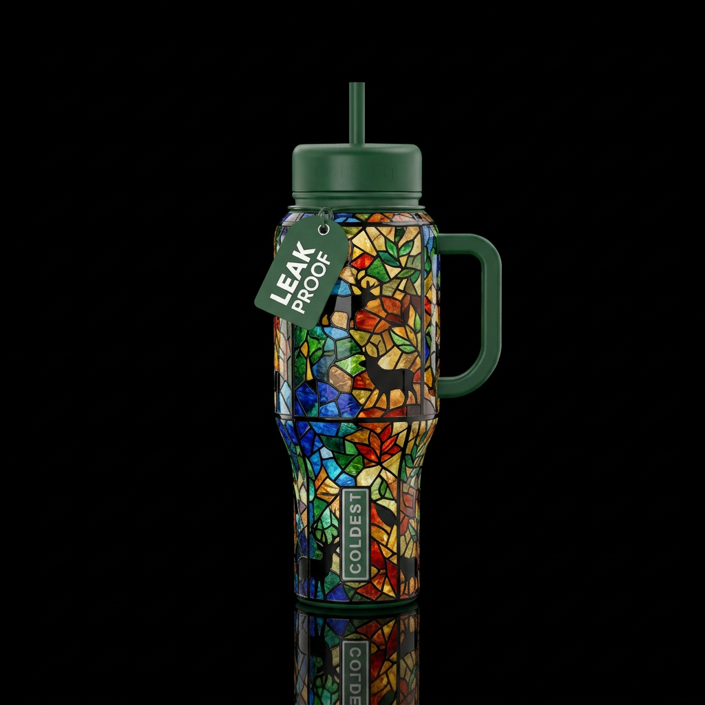 Hidden picture in camouflage, stained glass water bottle design