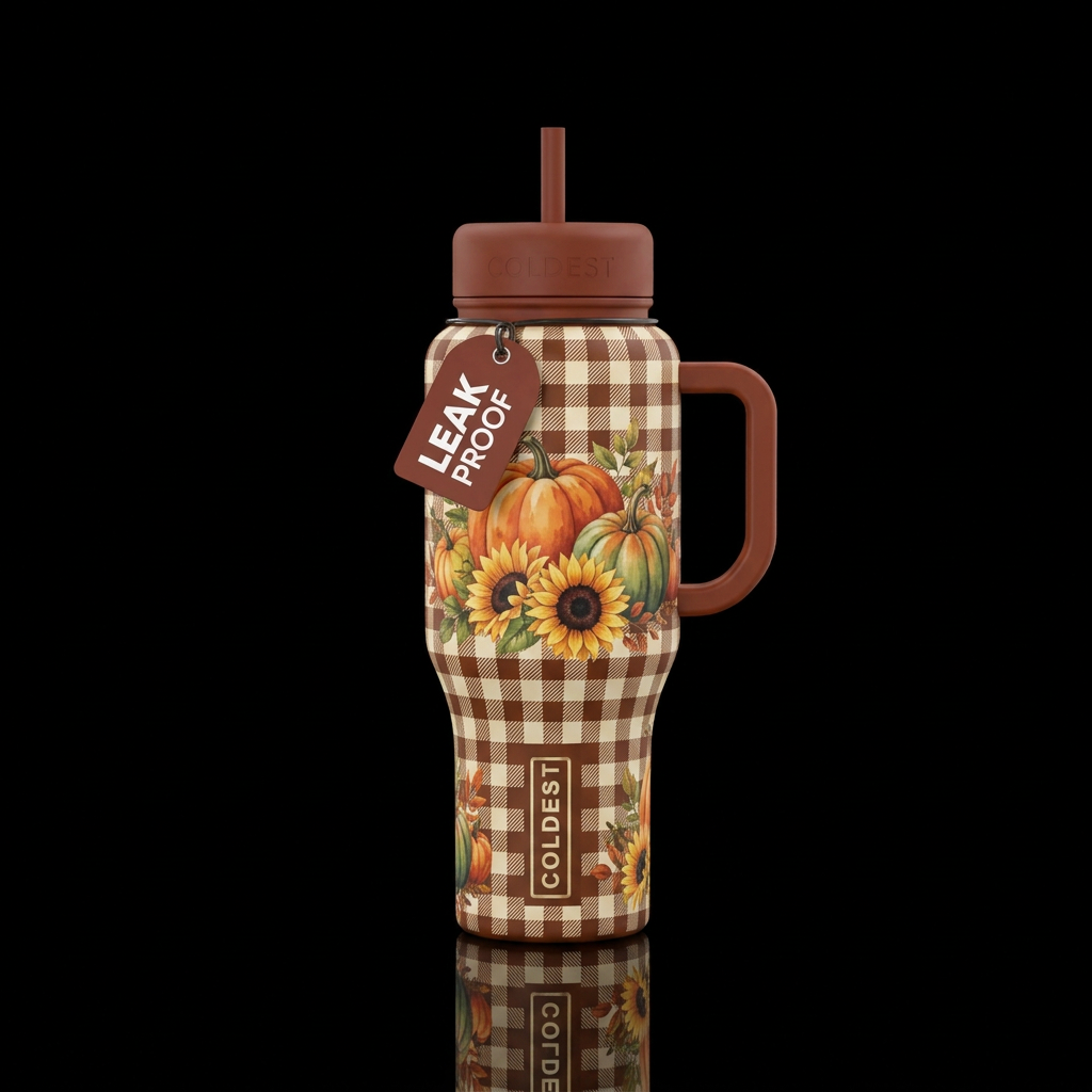 Brown Gingham, fall pumpkin, sunflower, water bottle design