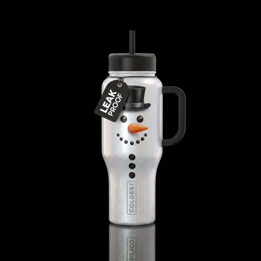 White cup that is a snowman with black top hat two... water bottle design