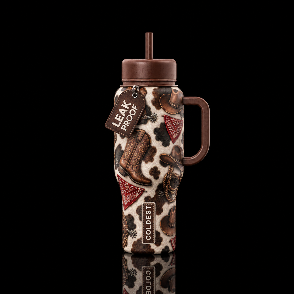 Cow print, cowboy boots, cowboy hats, bandannas, l... water bottle design