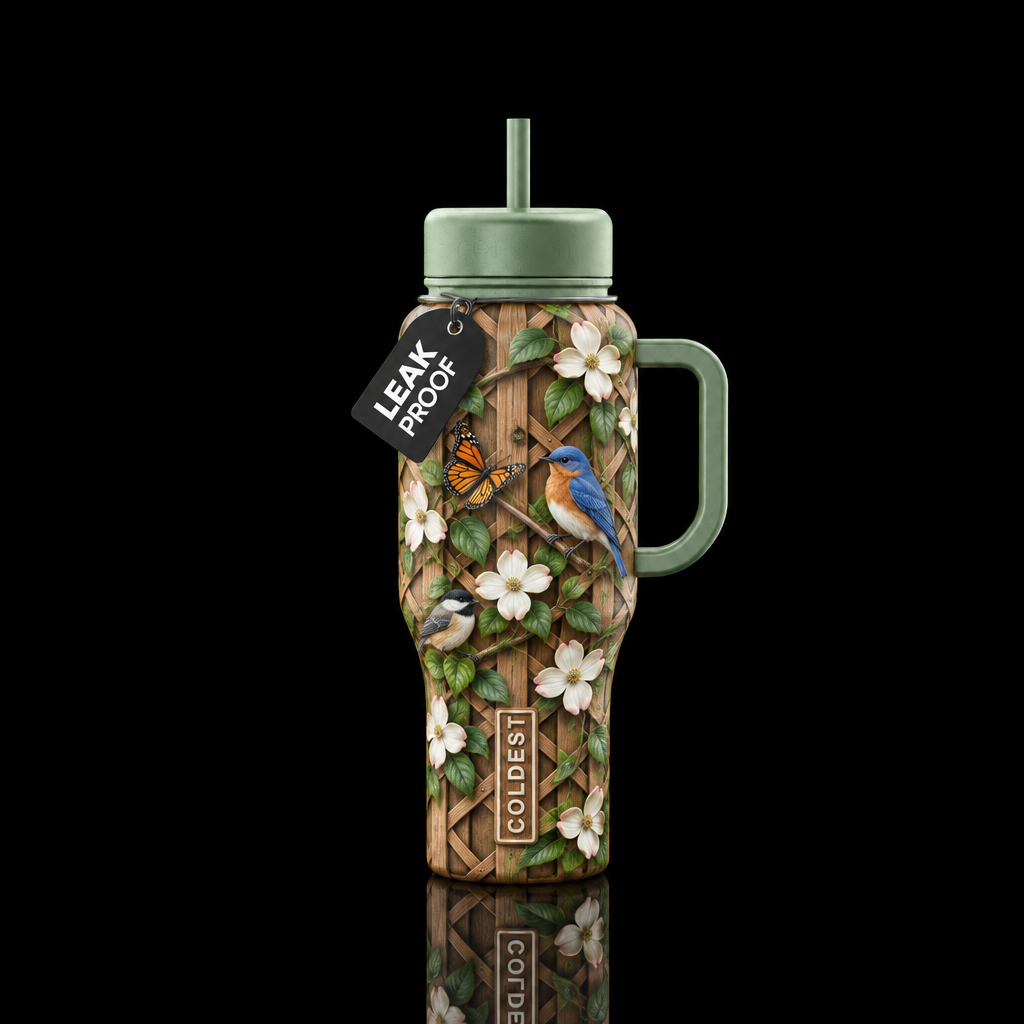 Wooden lattice with flowering vine climbing, butte... water bottle design