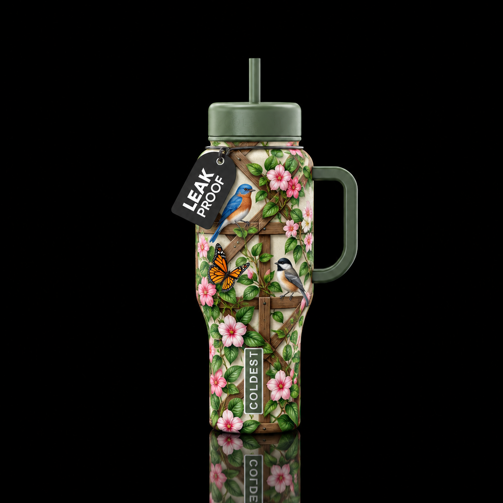 Wooden lattice with flowering vine climbing, butte... water bottle design