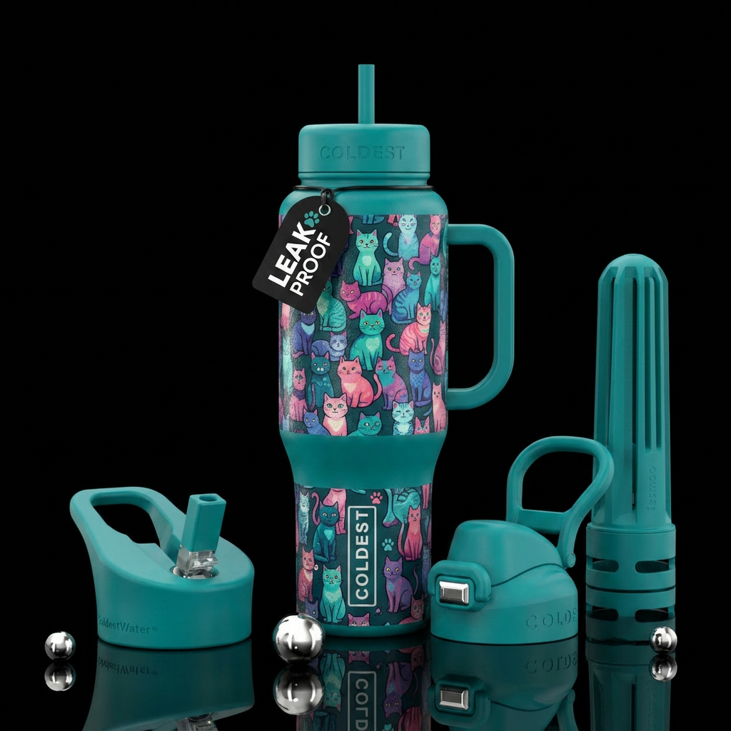 Turquoise Cats water bottle design