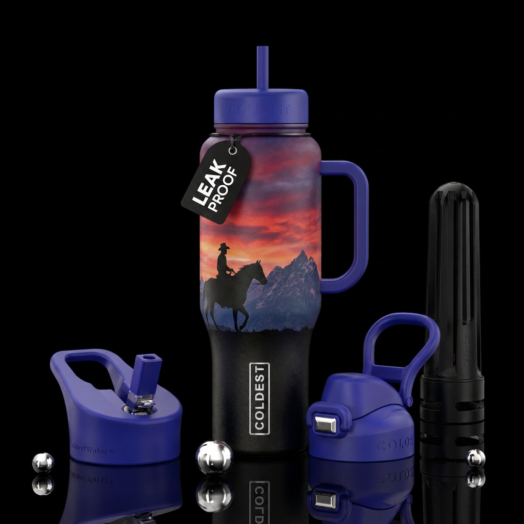 Simple Cowboy silhouette on a horse against the mo... water bottle design