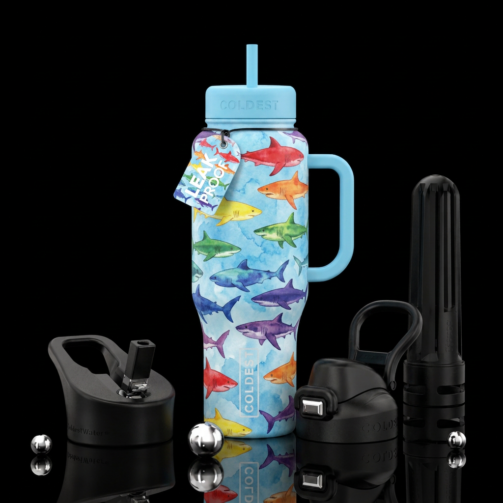 Light blue watercolor background with different sh... water bottle design