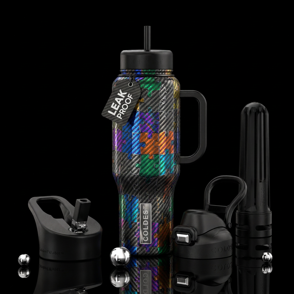carbon fiber, jagged puzzle look, attractive water bottle design