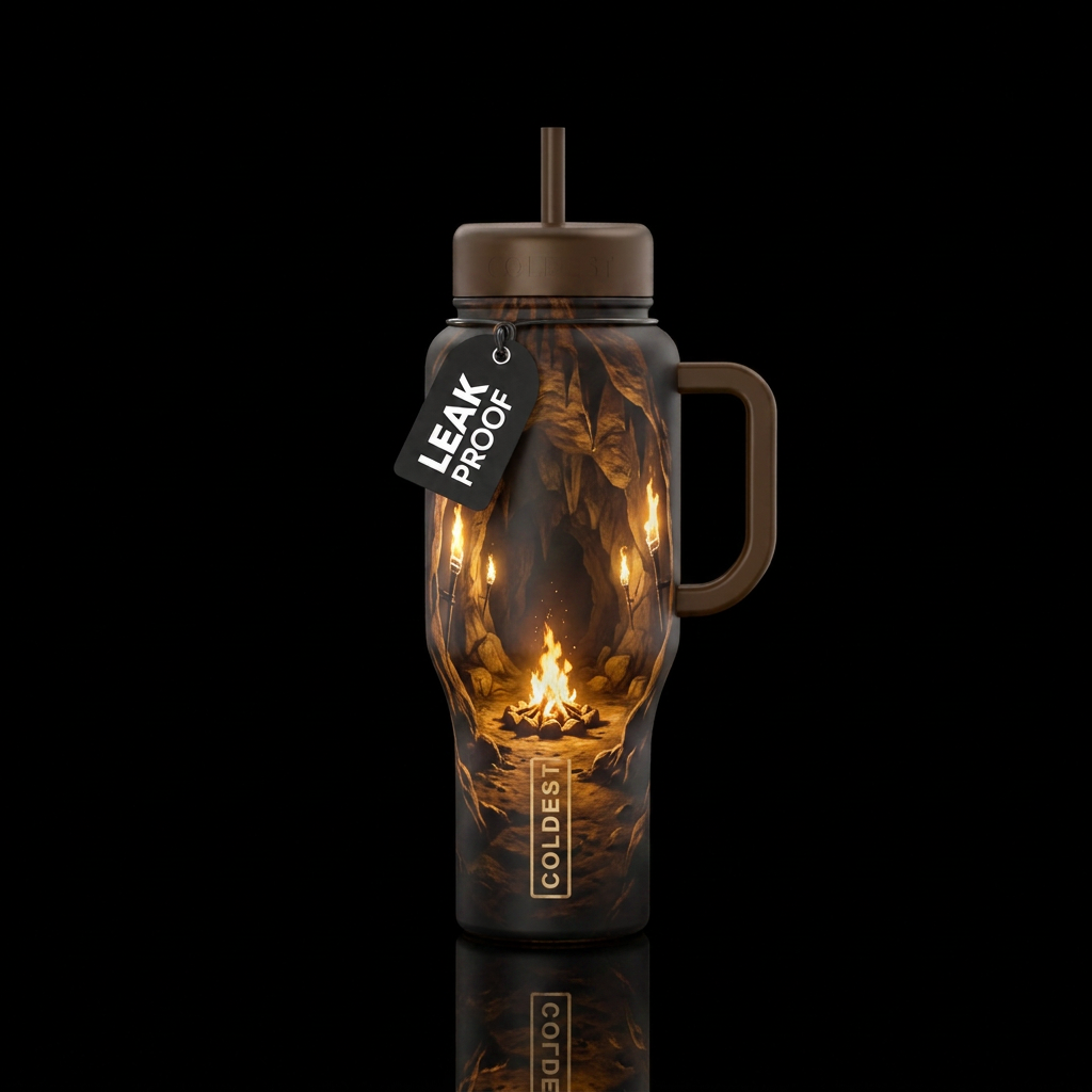 deep in a cave lit with fire water bottle design