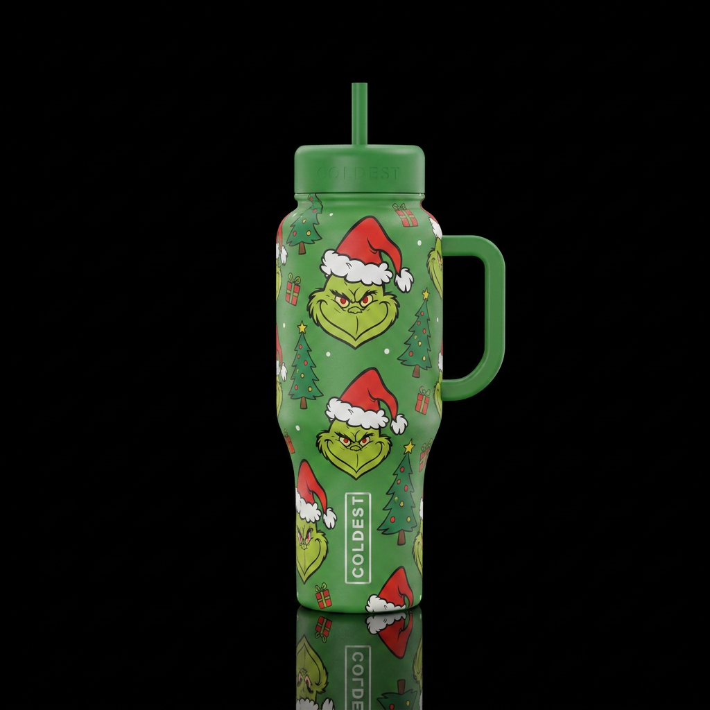 Grinchy green water bottle design