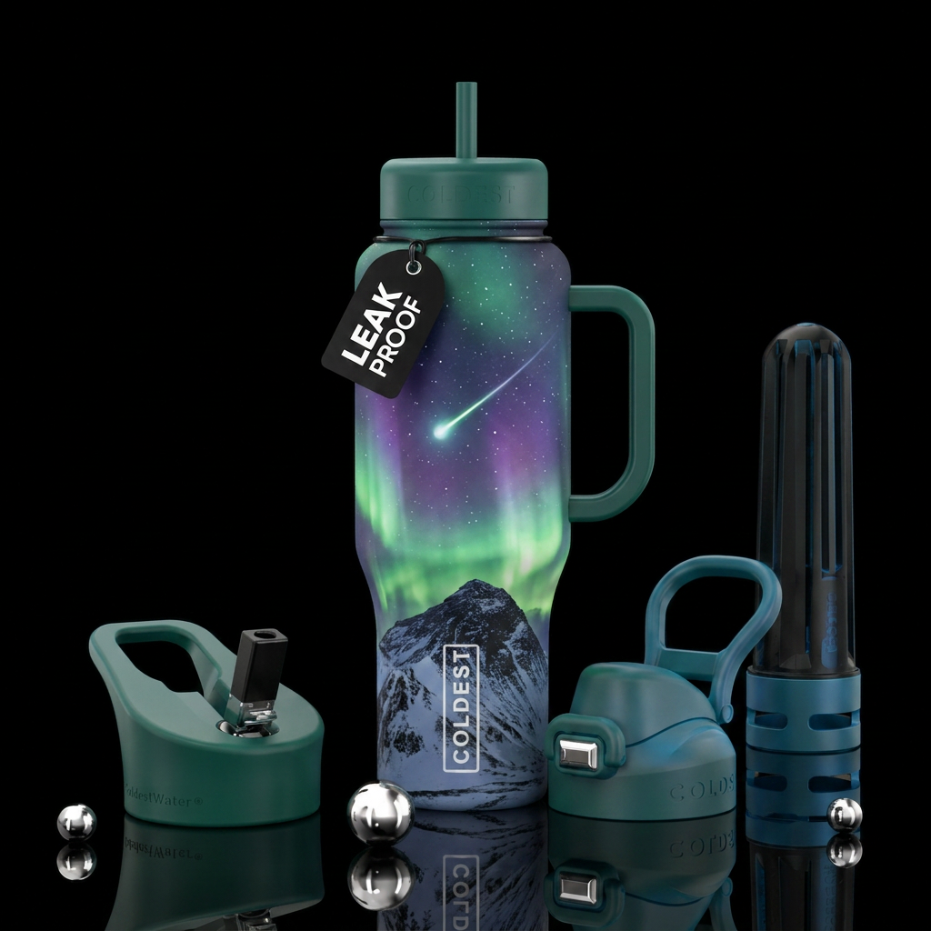 Northern lights, snowy mountains, one glowie meteo... water bottle design