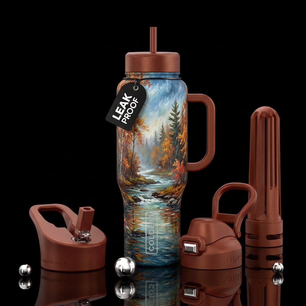 rain, autumn, colors, river, trees, painting water bottle design