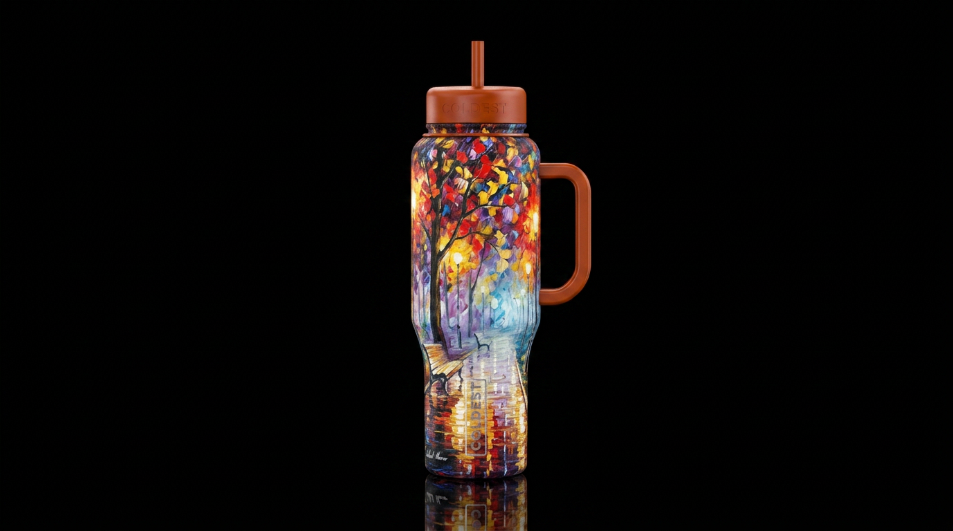 Afremov painting, Autumn, colorful, rainy, dreary,... water bottle design