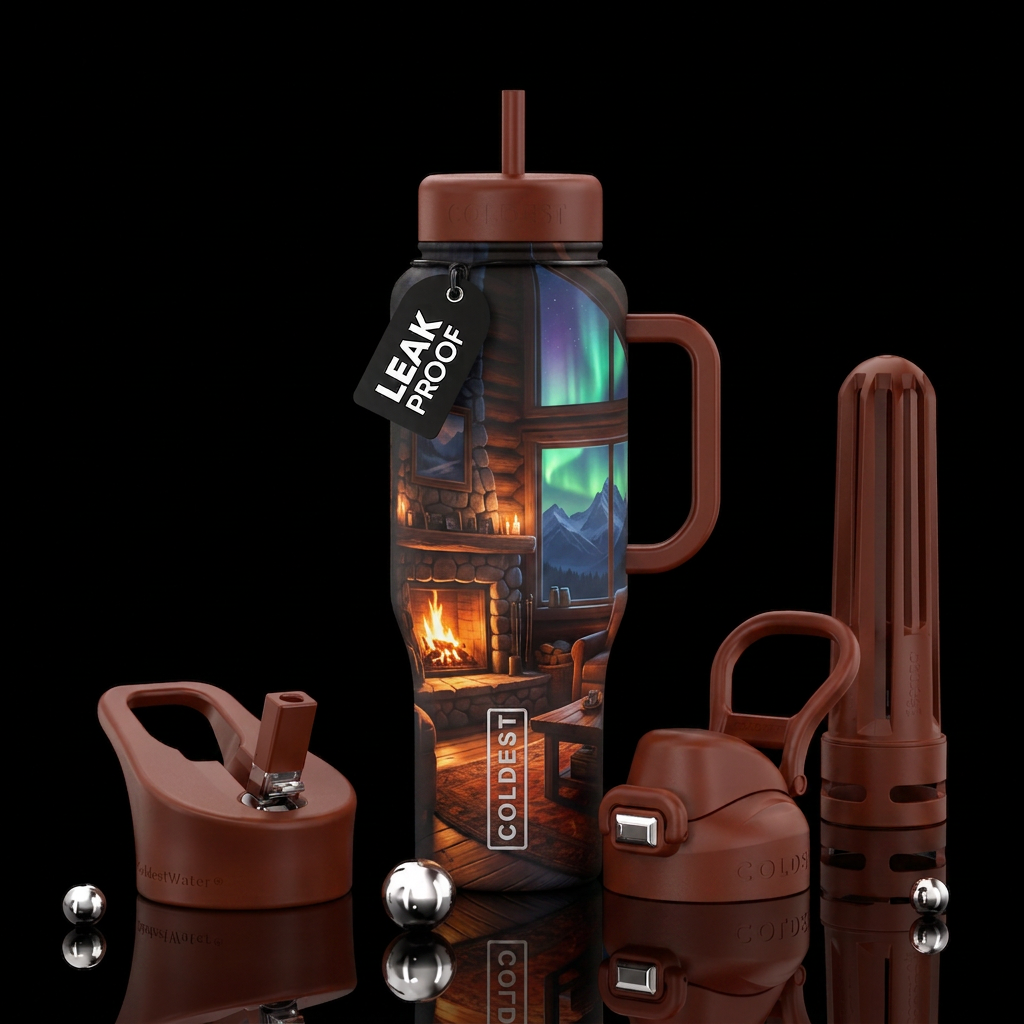 Inside Mountain cabin at night with fire in firepl... water bottle design