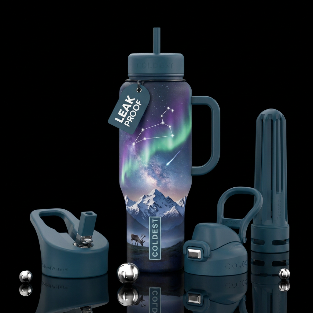 Mountains, snow, northern lights, constellation Le... water bottle design