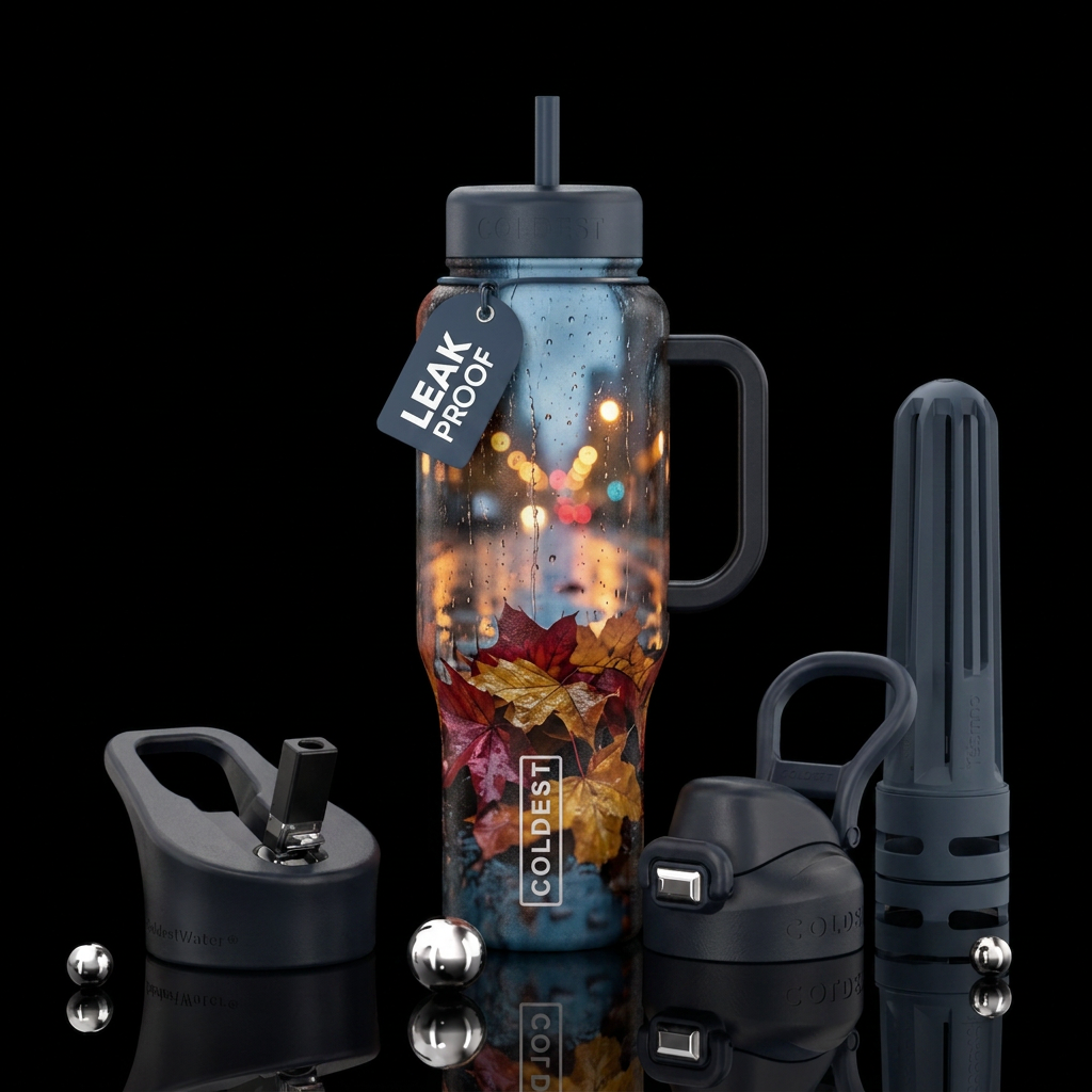 dark mood, dark autumn day, rain, colors, streetli... water bottle design
