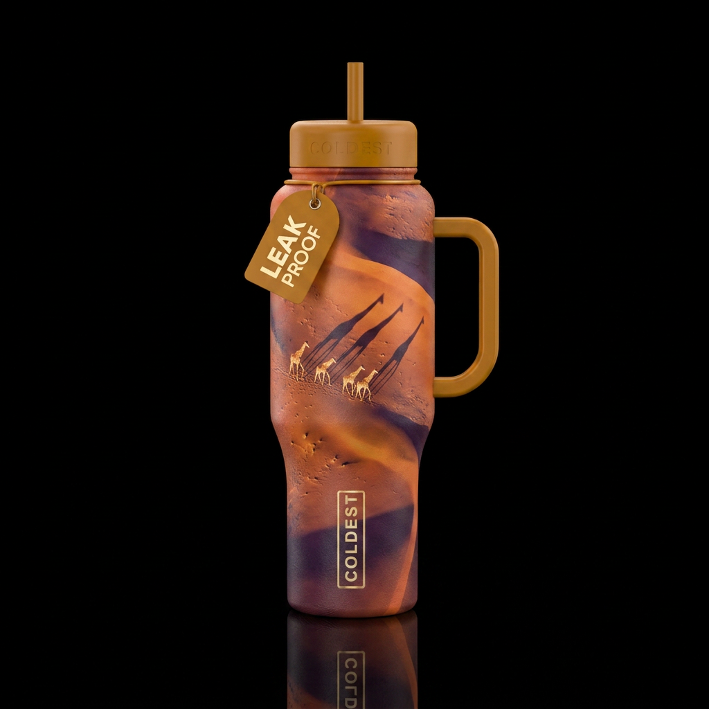 Giraffes in the desert from above with shadows water bottle design
