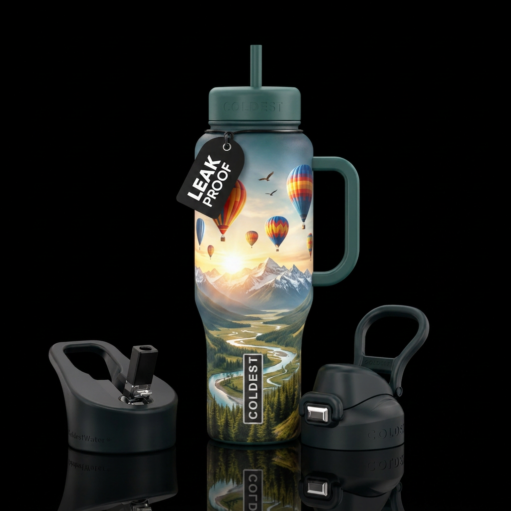Hot air balloons, mountains, view water bottle design