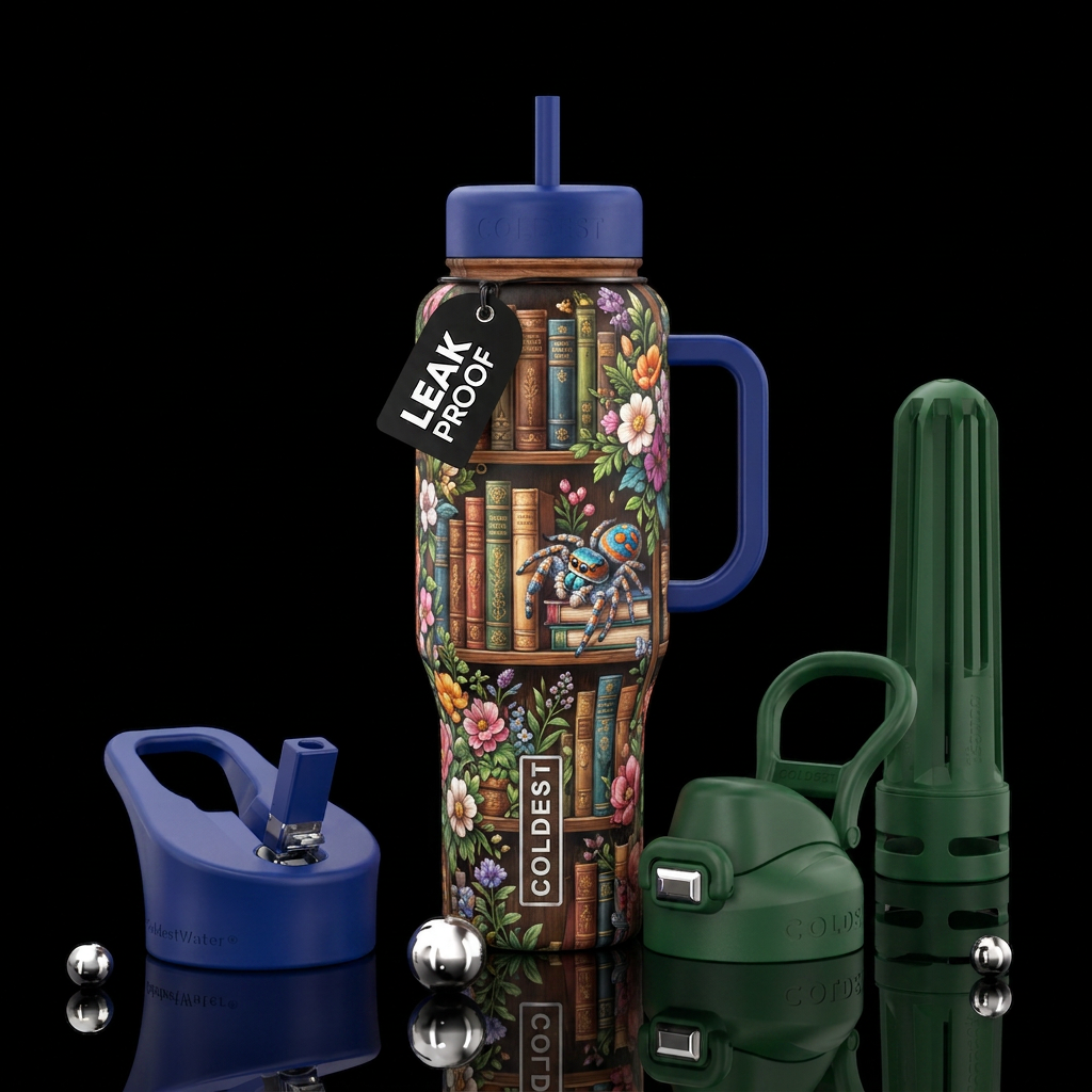 Pretty jumping spider, books, bookshelf, library, ... water bottle design