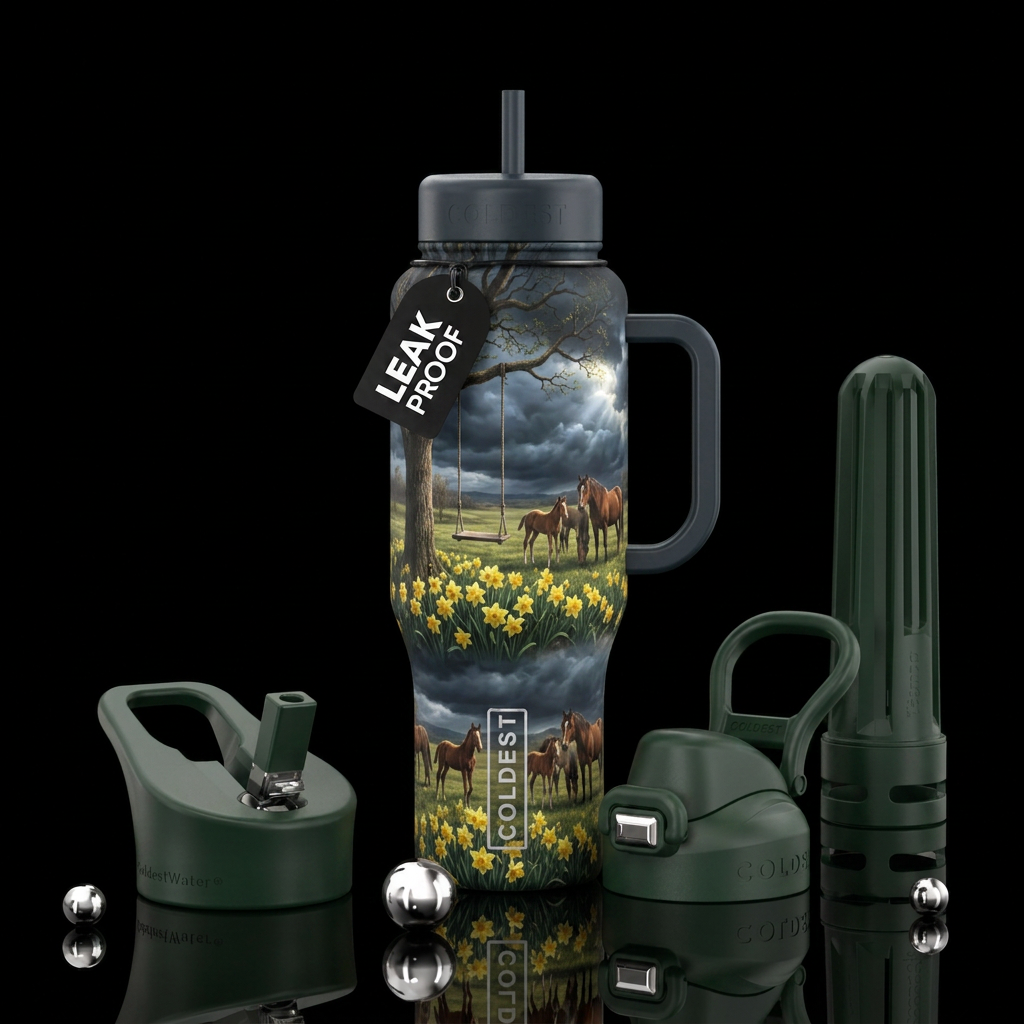 Tree with wooden swing in field, daffodils, dark s... water bottle design