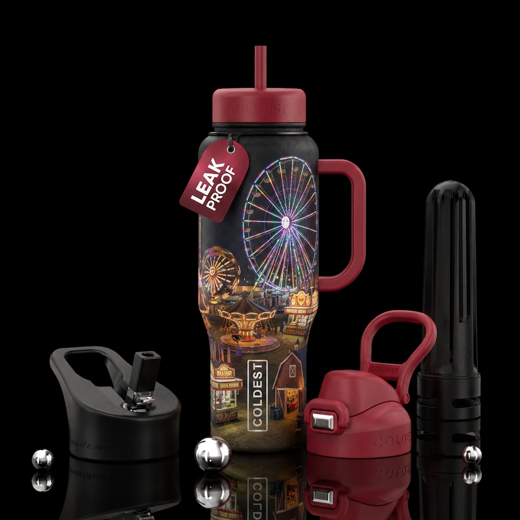 Carnival, Ferris wheel, nighttime, lights, rides, ... water bottle design