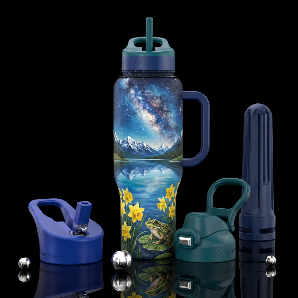 Lake, mountains with snow, Milky Way, daffodils, f... water bottle design