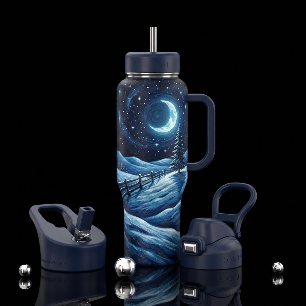 Hill, Snow, Night, Moon, wooden fence, lone tree, ... water bottle design