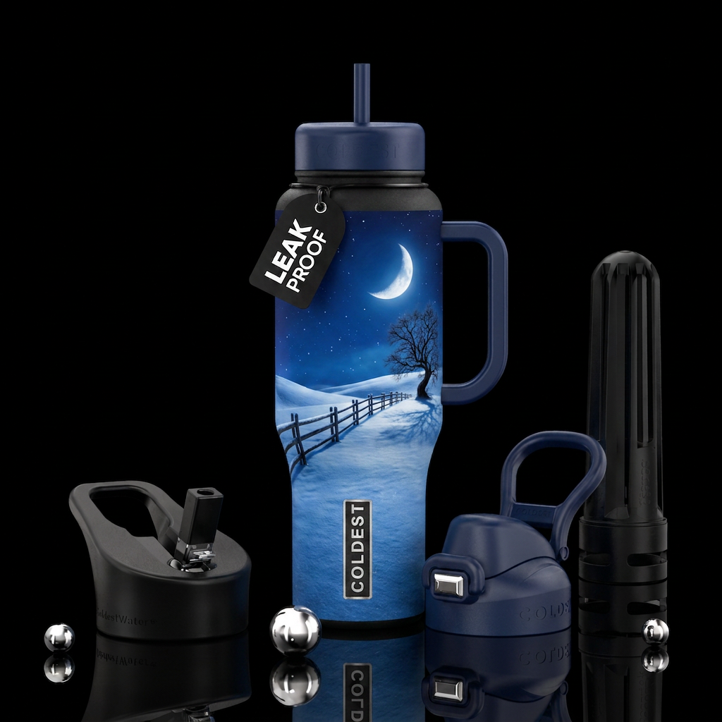 Hill, Snow, Night, Moon, wooden fence, lone tree, ... water bottle design