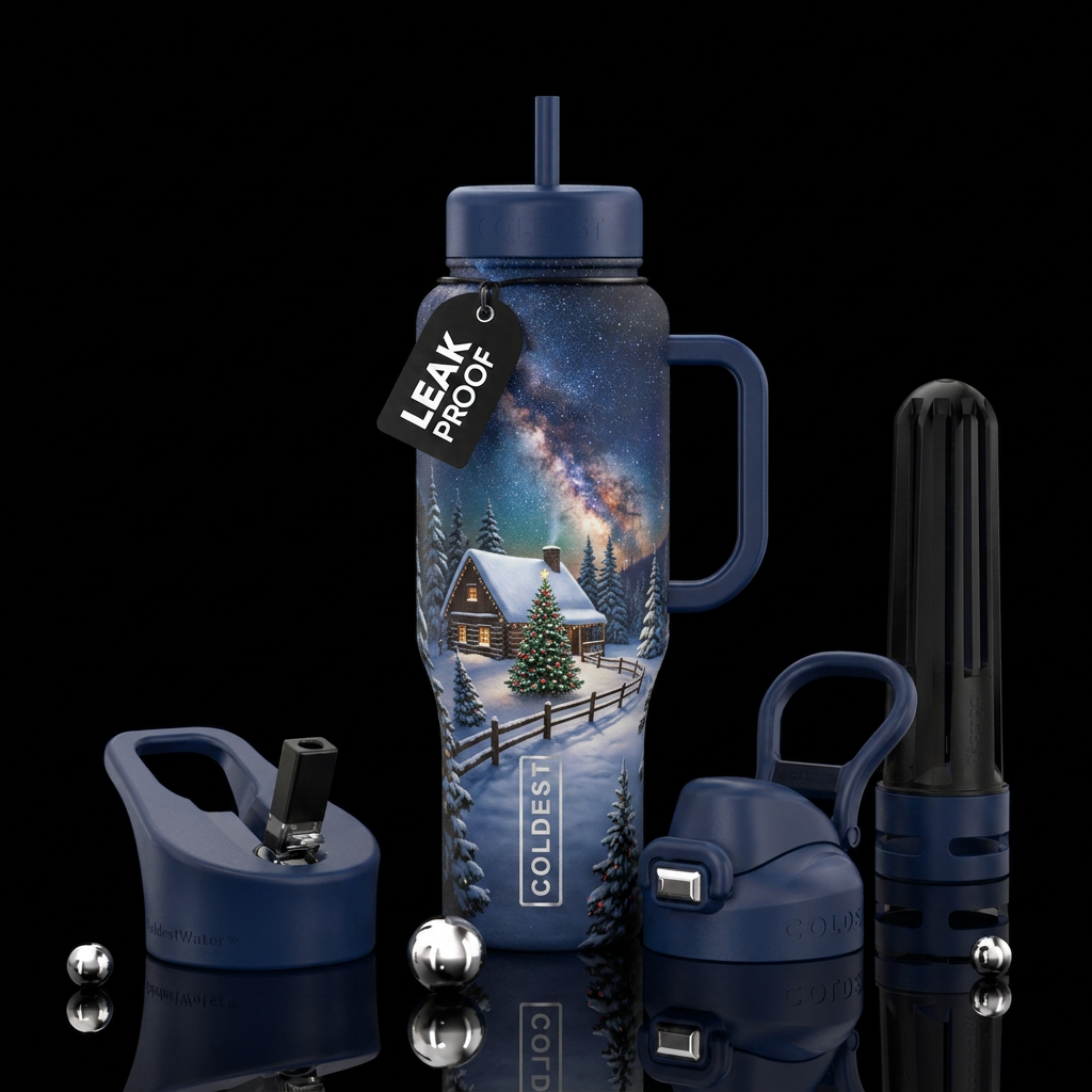 trees, cabin, Christmas tree, fence, snow, night, ... water bottle design