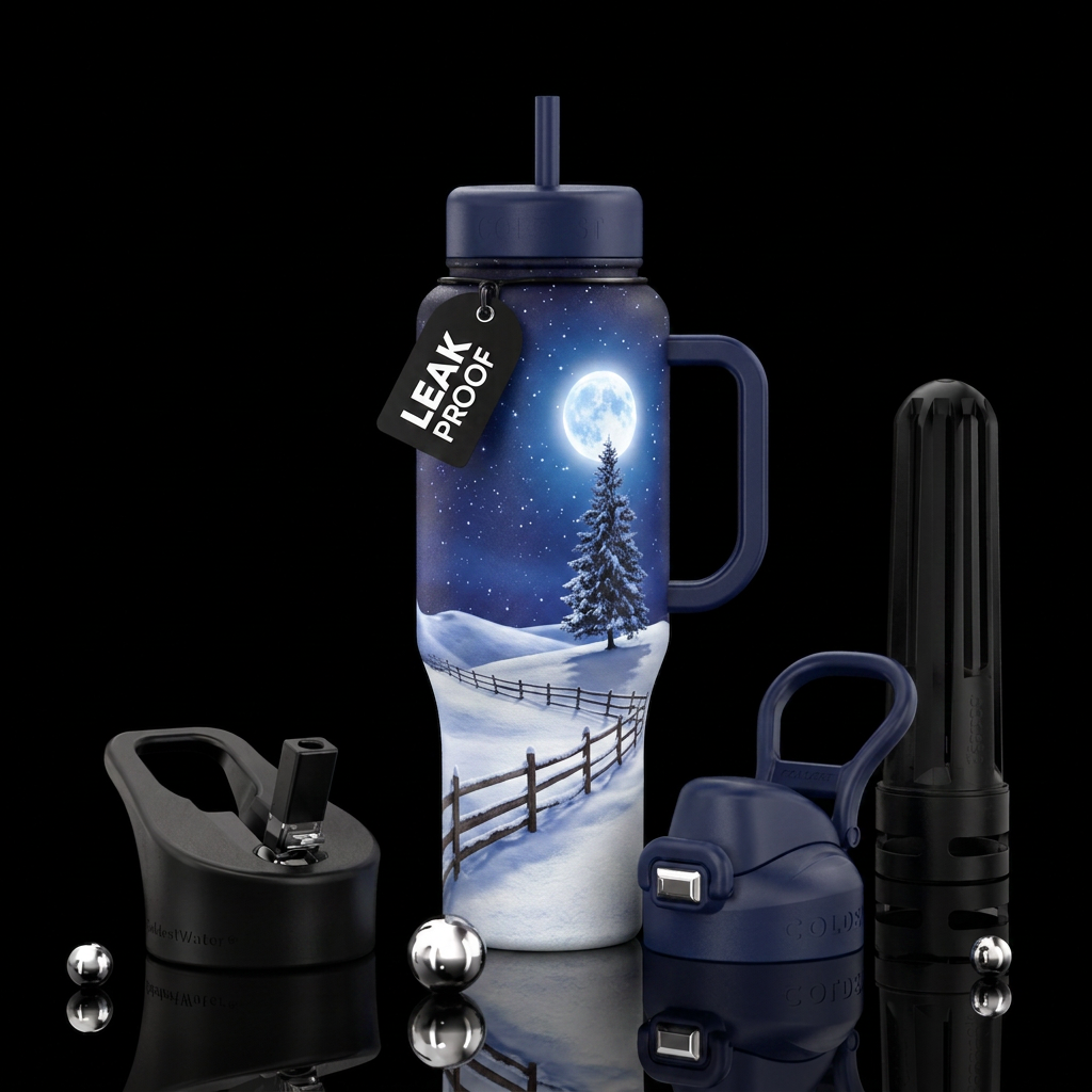 Hill, Snow, Night, Moon, wooden fence, lone tree, ... water bottle design