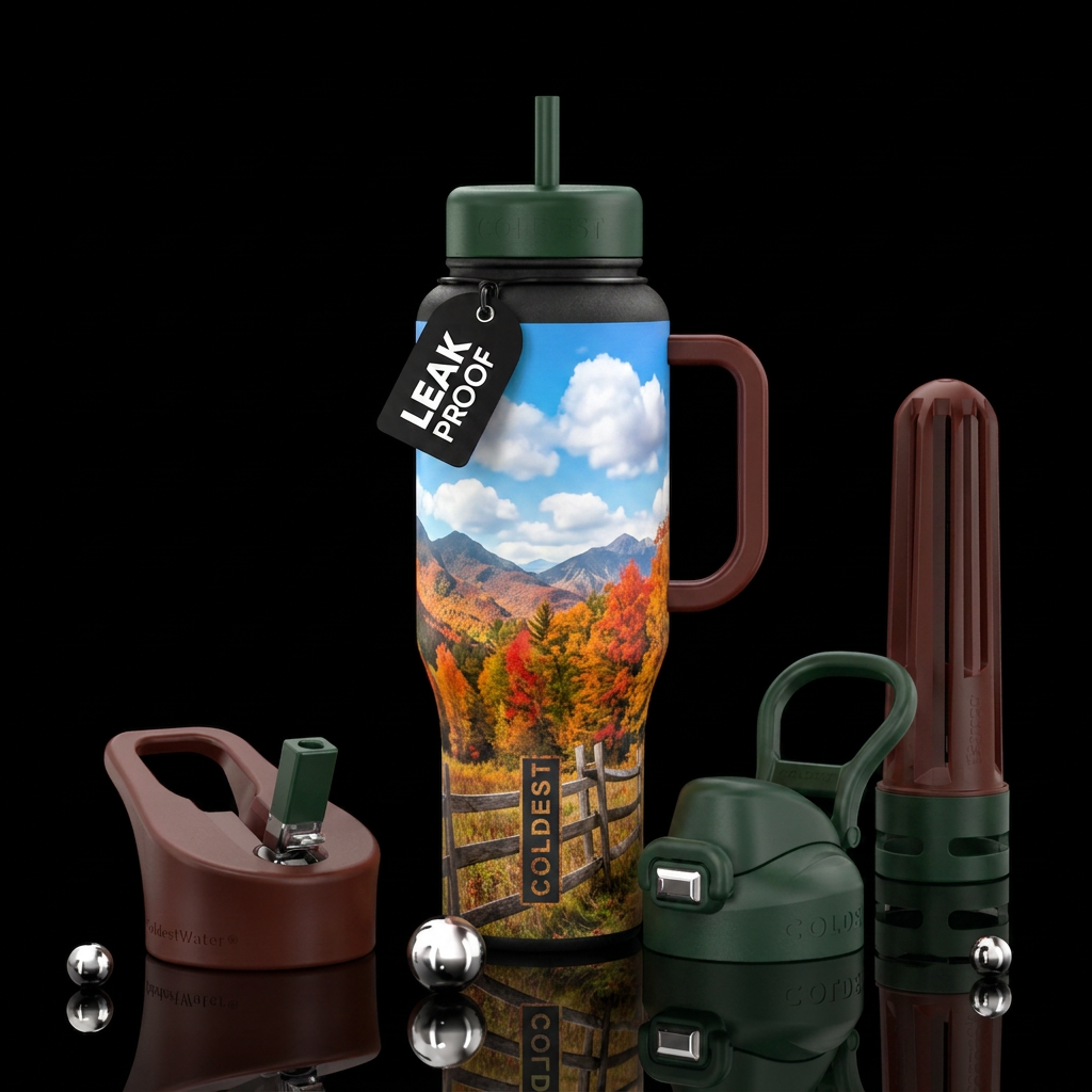 Autumn, vivid, trees, mountains, wooden fence, puf... water bottle design