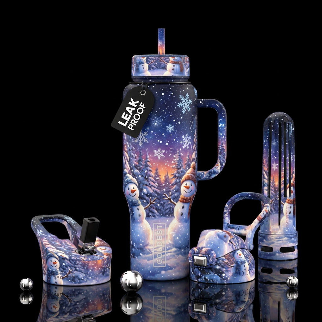 Winter, snow, night, snowman, snowing, water bottle design