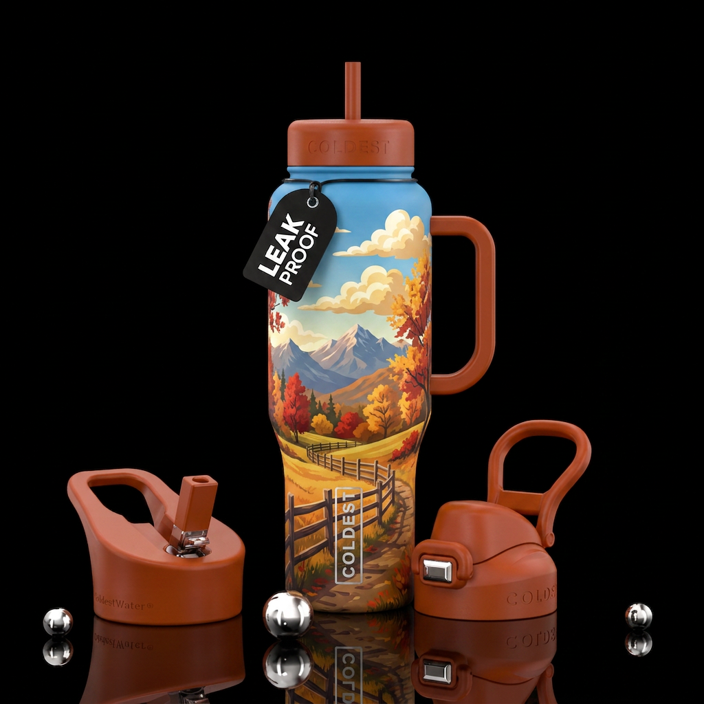 Autumn, vivid, trees, mountains, wooden fence, puf... water bottle design