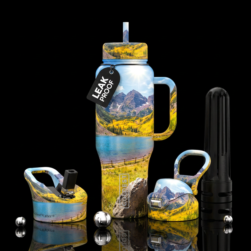 Autumn, mountains, aspen trees, lake, wooden fence... water bottle design