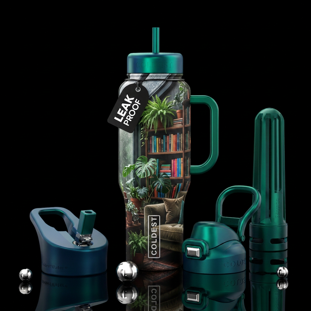 Bookshelves, conservatory, rain, plants, books, co... water bottle design