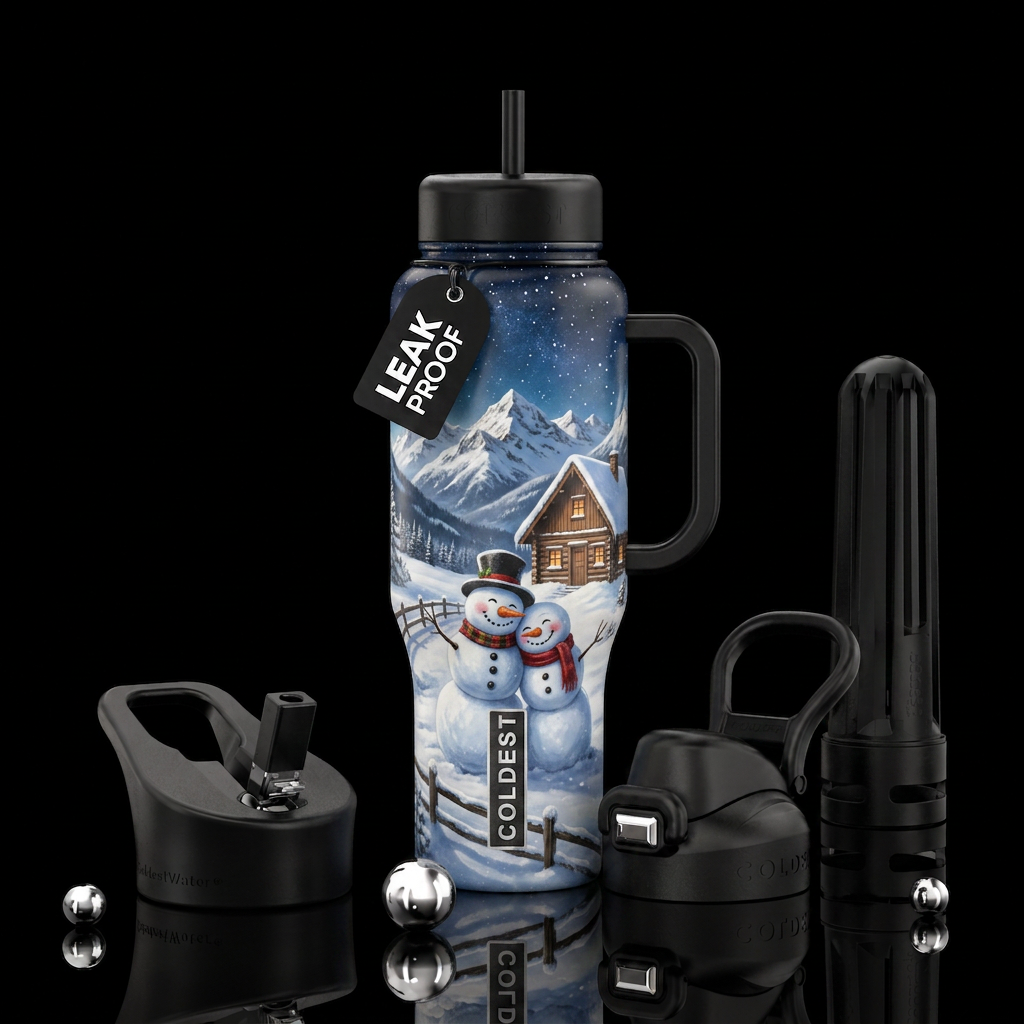 Mountains, snow, night, wooden fence, old rustic c... water bottle design