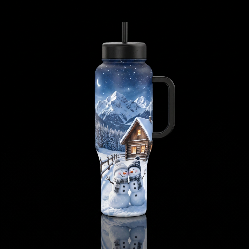 Mountains, snow, night, wooden fence, old rustic c... water bottle design