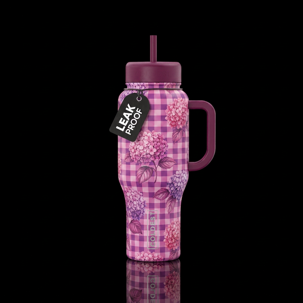Gingham, hydrangeas, pink, purple, all over cup water bottle design