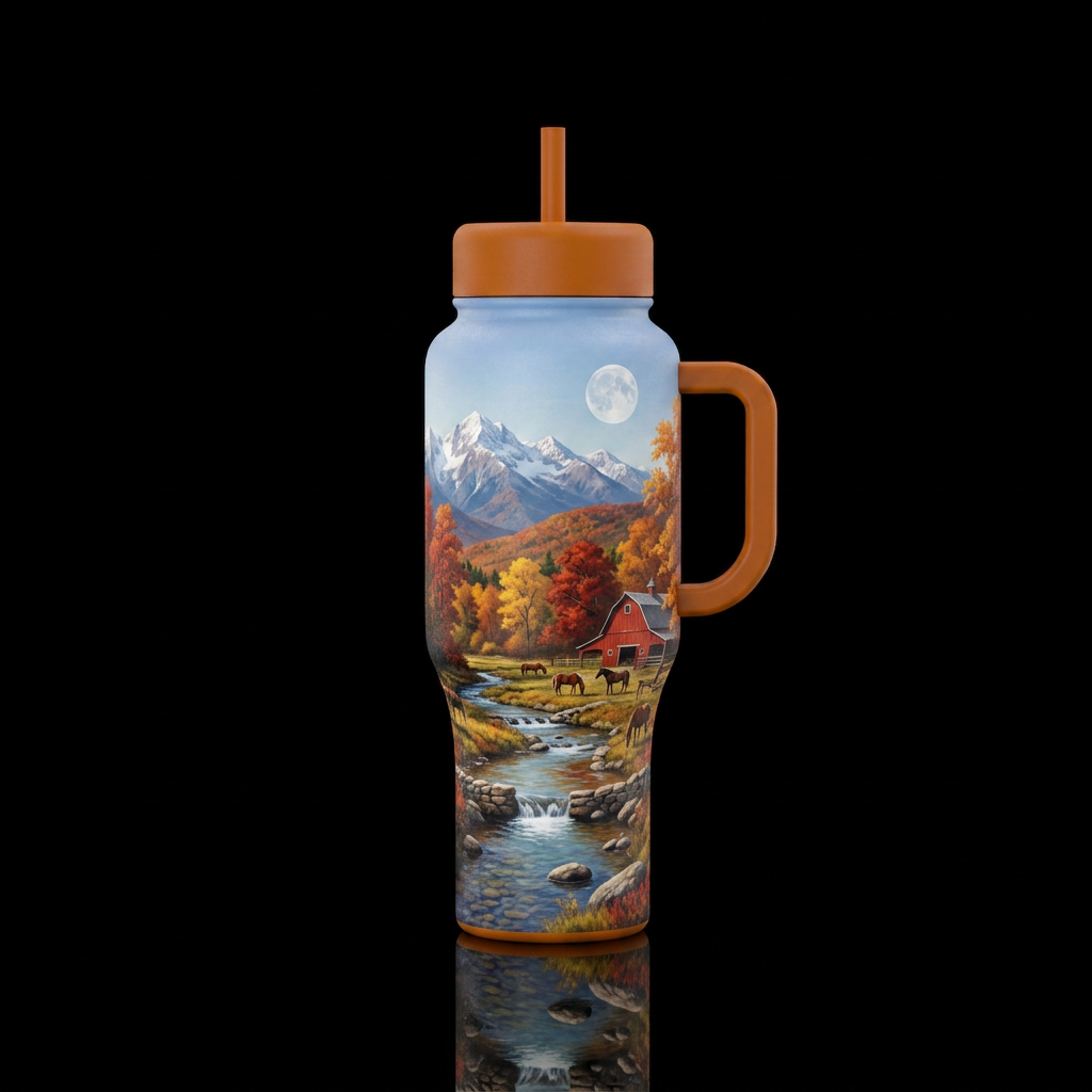 Snow capped mountains in background, autumn, trees... water bottle design