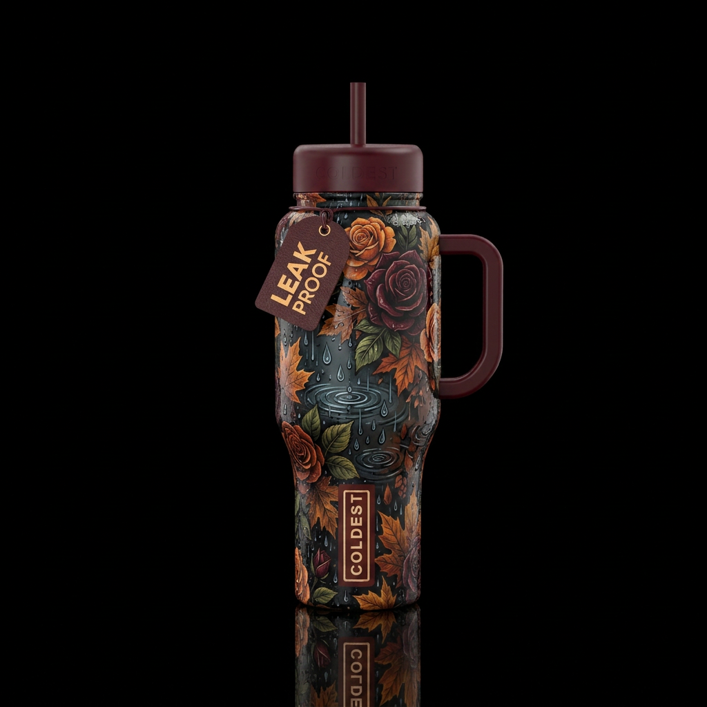 Autumn, dark, flowers, fall colors, leaves, rain, ... water bottle design