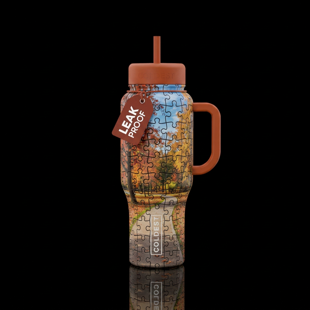 Jigsaw puzzle, autumn, trees, colors, sidewalk, bl... water bottle design