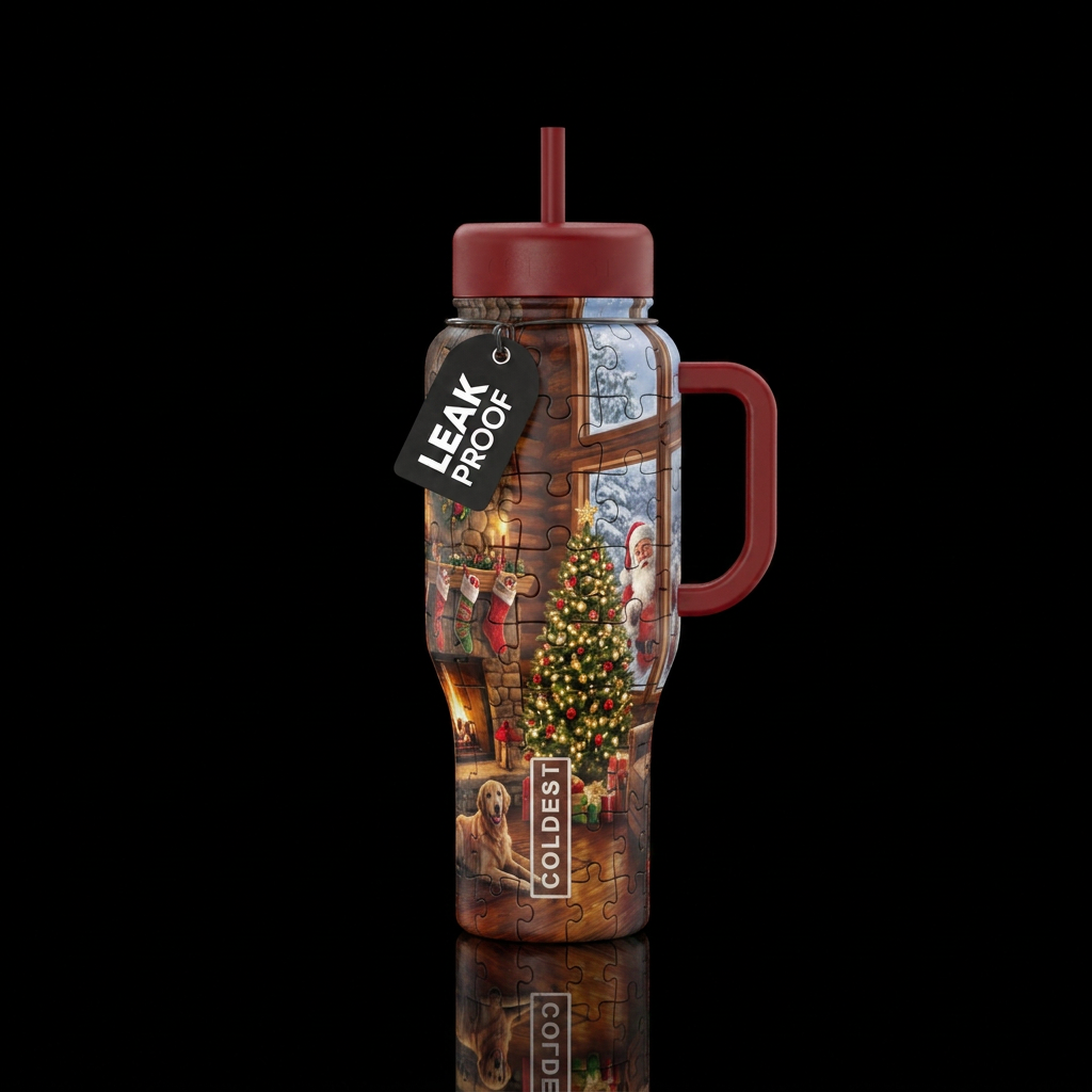 Jigsaw puzzle, Christmas, stockings, fireplace, do... water bottle design