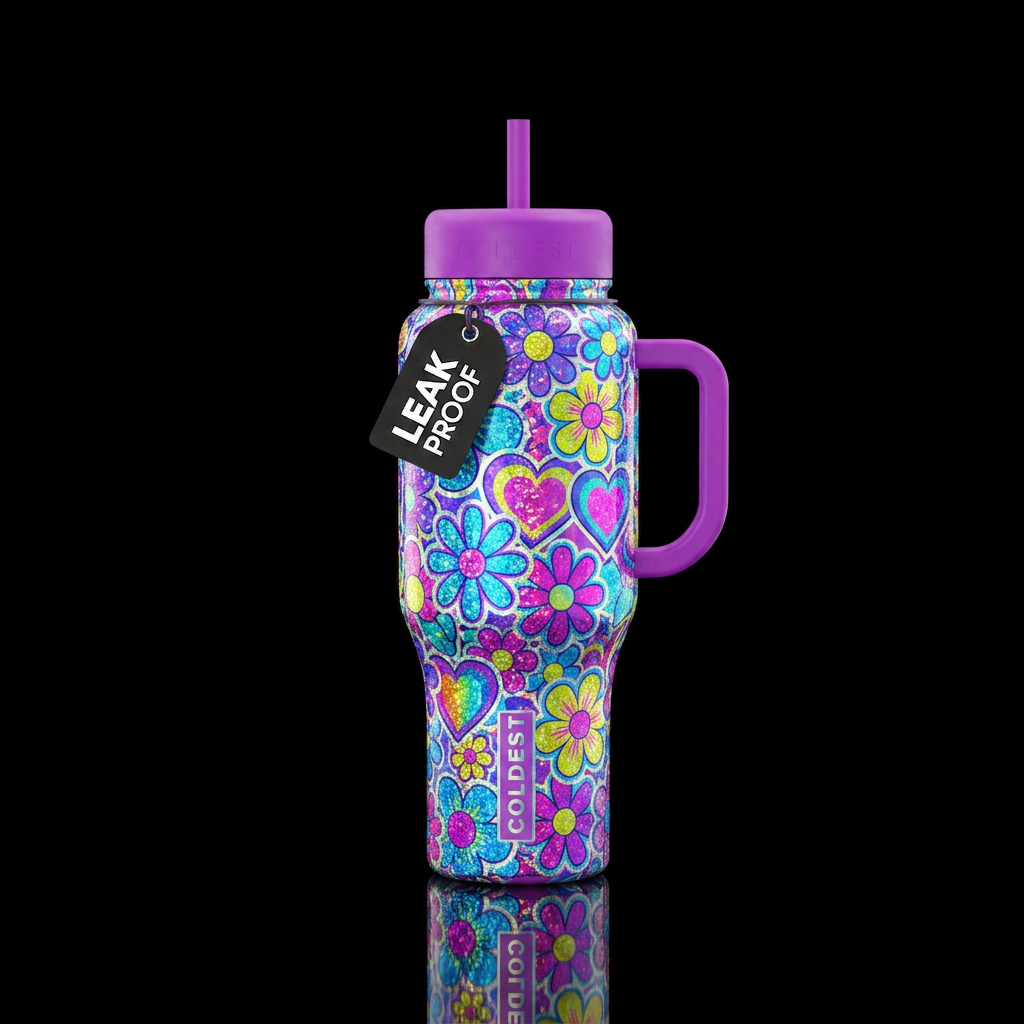 Eighties, holographic stickers with flowers and he... water bottle design