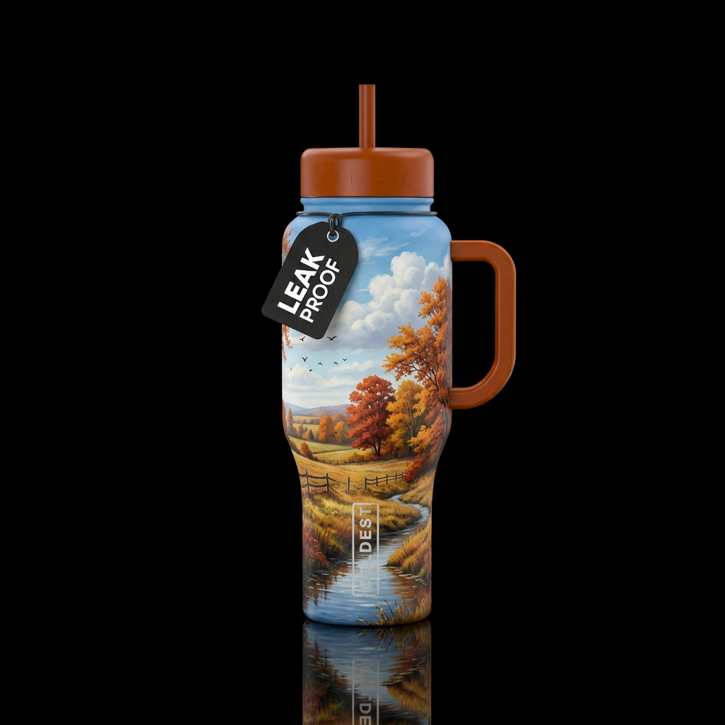Tree, field, fence, blue sky, clouds, autumn, bird... water bottle design